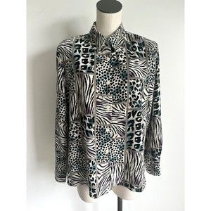 Alfred Dunner Animal Print Down Long Sleeve Blouse Shirt Size 16P